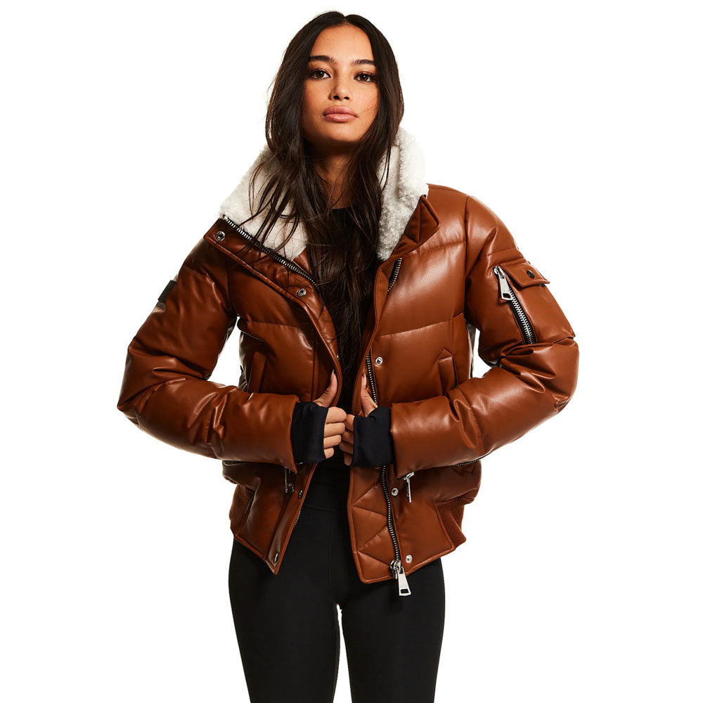 Women Brown Bubble Fur Collar Leather V-Bomber Jacket