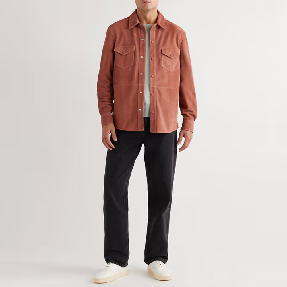 Men's Pink Lambskin Leather Shirt Jacket