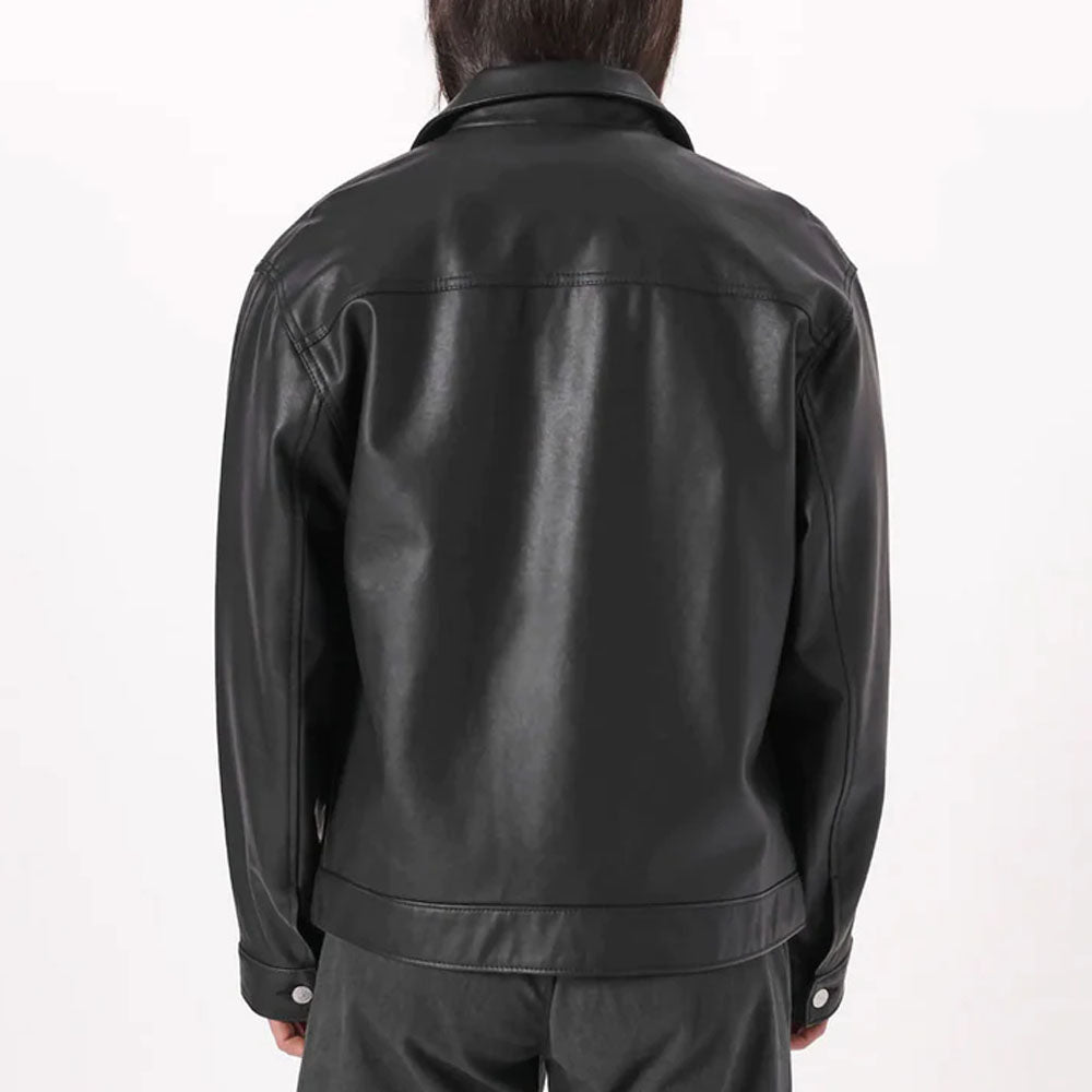 Black Trucker Plain Leather Jacket