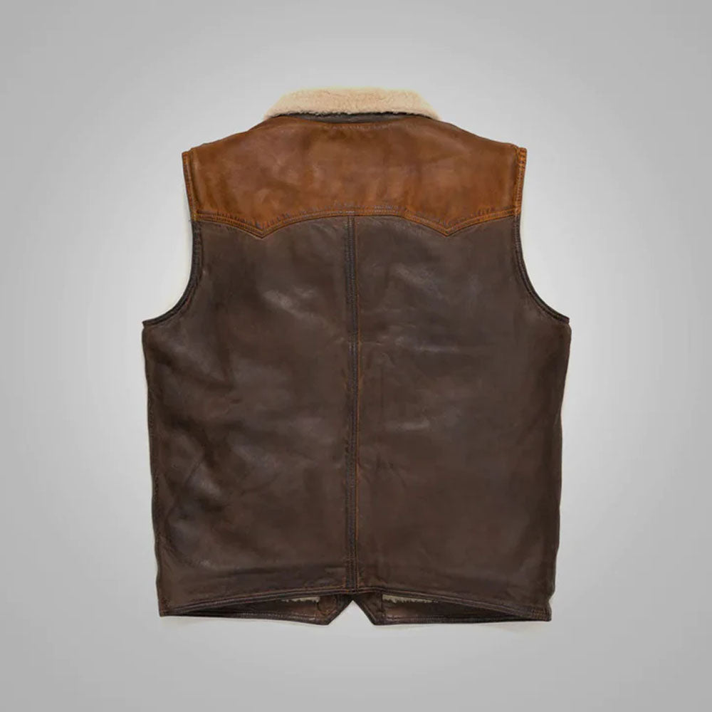 Men Brown Lambskin Shearling Cowboy Leather Vest