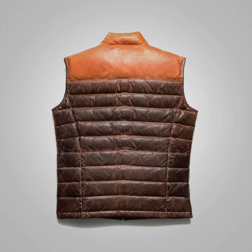Brown Men Bubble Down Leather Sheepskin Vest