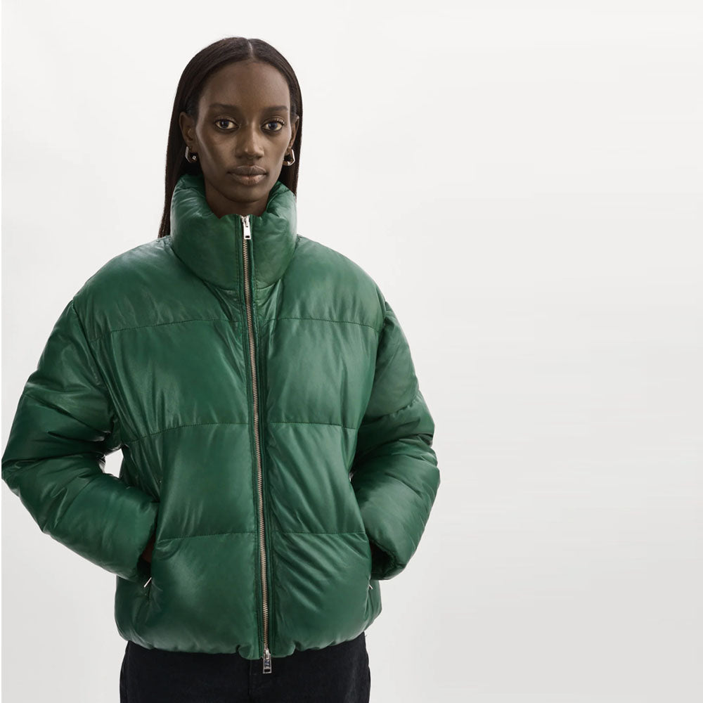 Women Green Bubble Puffer V-Bomber Leather Jacket