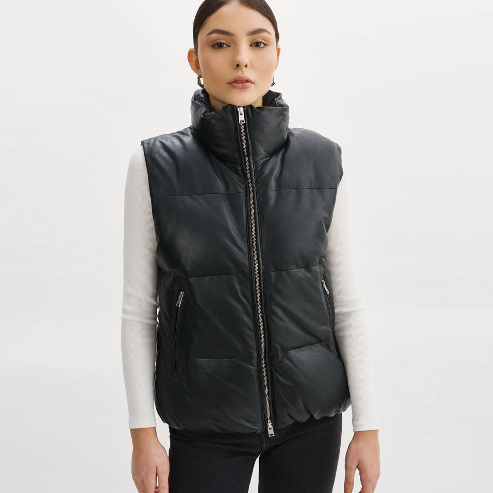 Women Black Bubble Sheepskin Leather V-Bomber Vest