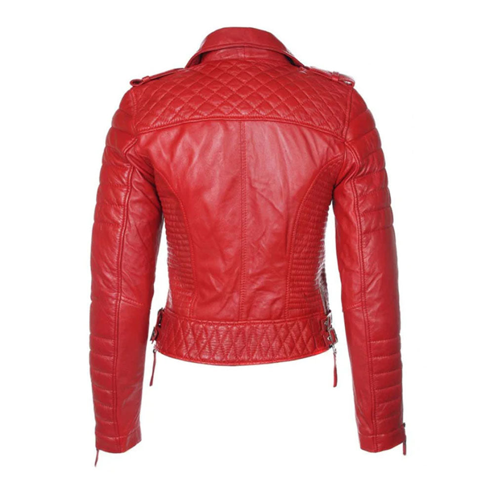 Red RAF Lambskin Biker Women Leather Jacket