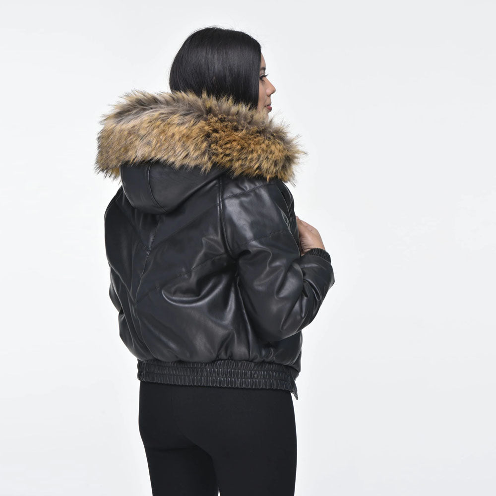 Women Black V-Bomber Faux Fur Leather Jacket