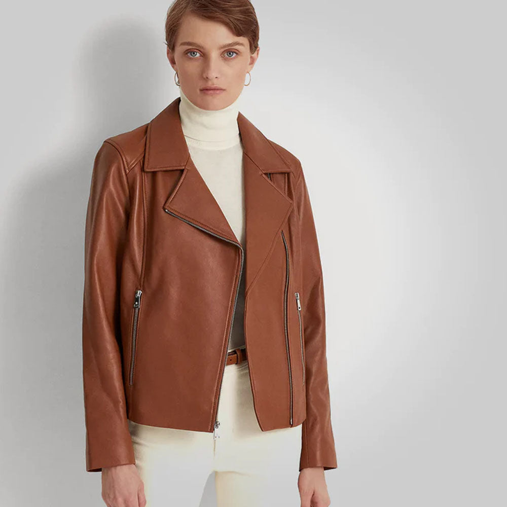 Brown Moto Sheepskin Women Leather Jacket