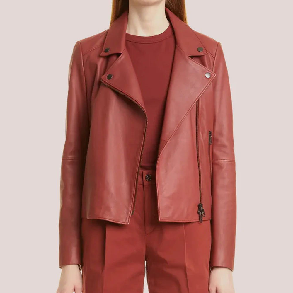 Plain Red Women Leather Sheepskin Jacket