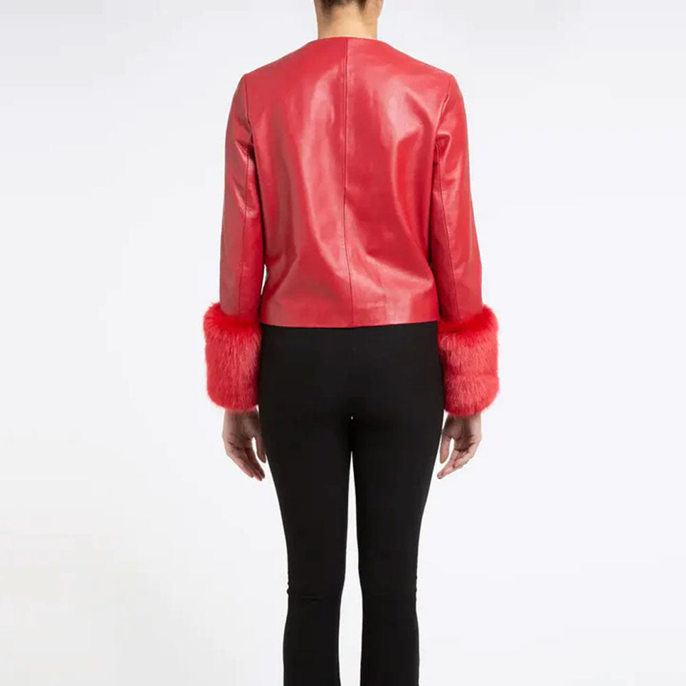 Red Sheepskin Women Biker Faux Leather Jacket