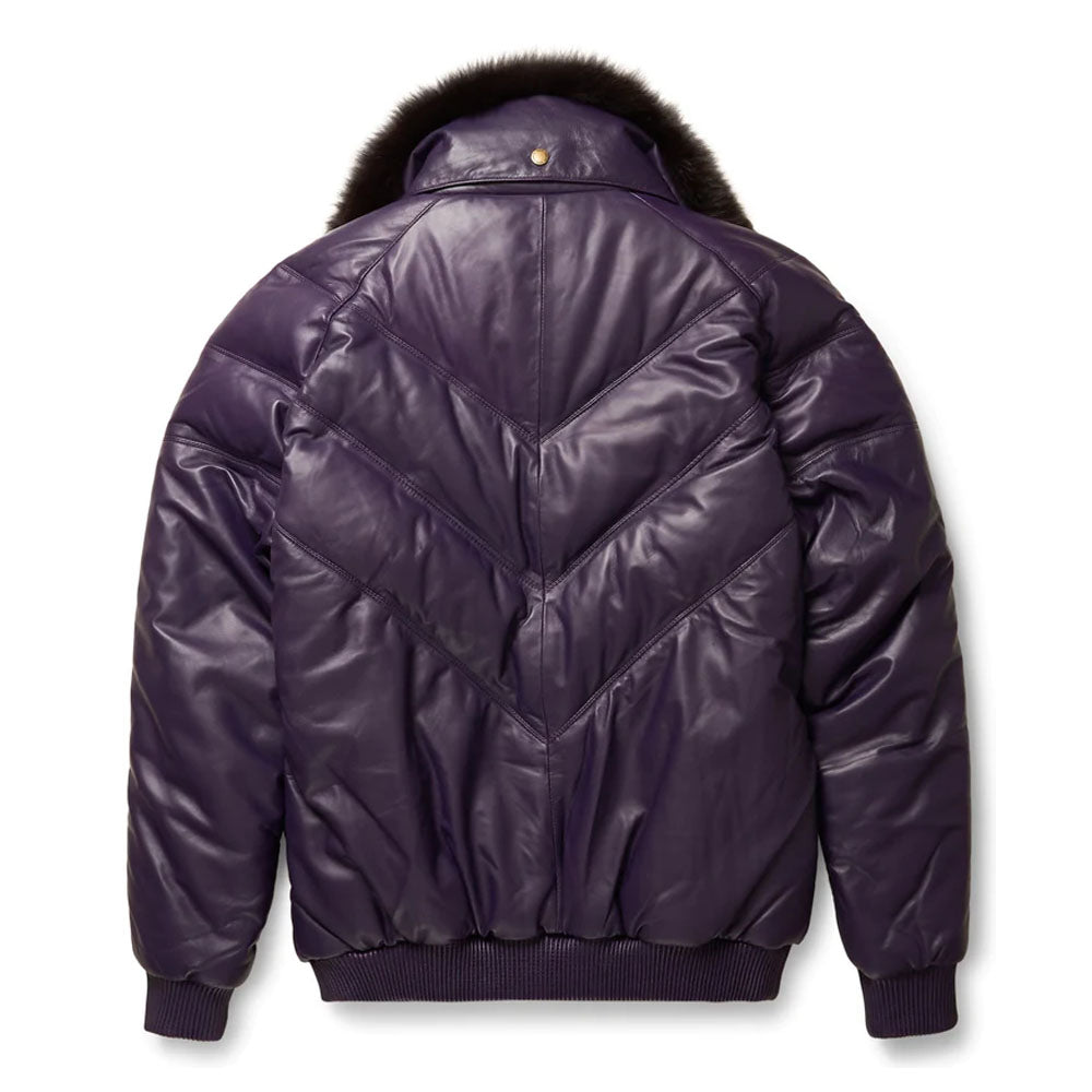 Purple V-Bomber Shearling Collar Bubble Leather Jacket