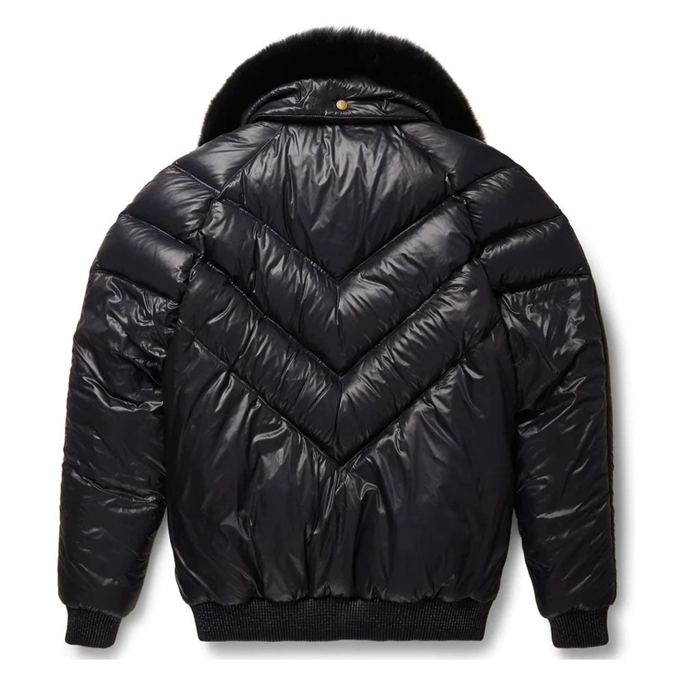 Black Leather V-Bomber Sheepskin Bubble Jacket