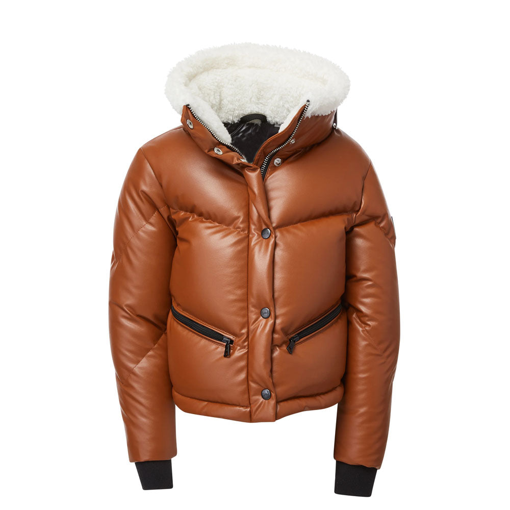 Women Puffer Fur Collar Sheepskin V-Bomber Leather Jacket