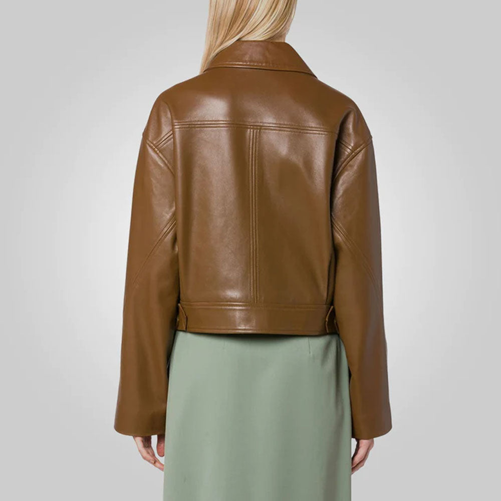 Women Pointed Collar Brown Goatskin Leather Jacket