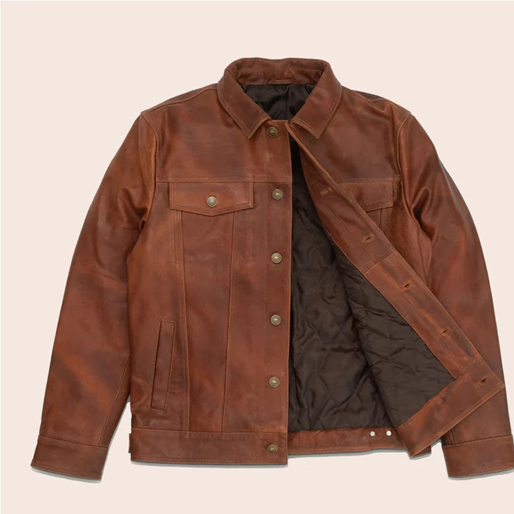 Men's Brown Trucker Goatskin Leather Jacket