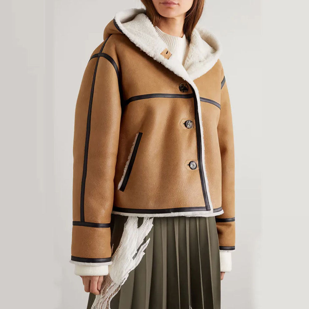Women Brown Hooded Sheepskin B3 Flight Shearling Leather Jacket