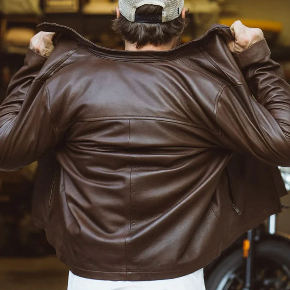 Brown Cafe Racer Men Motorcycle Leather Jacket
