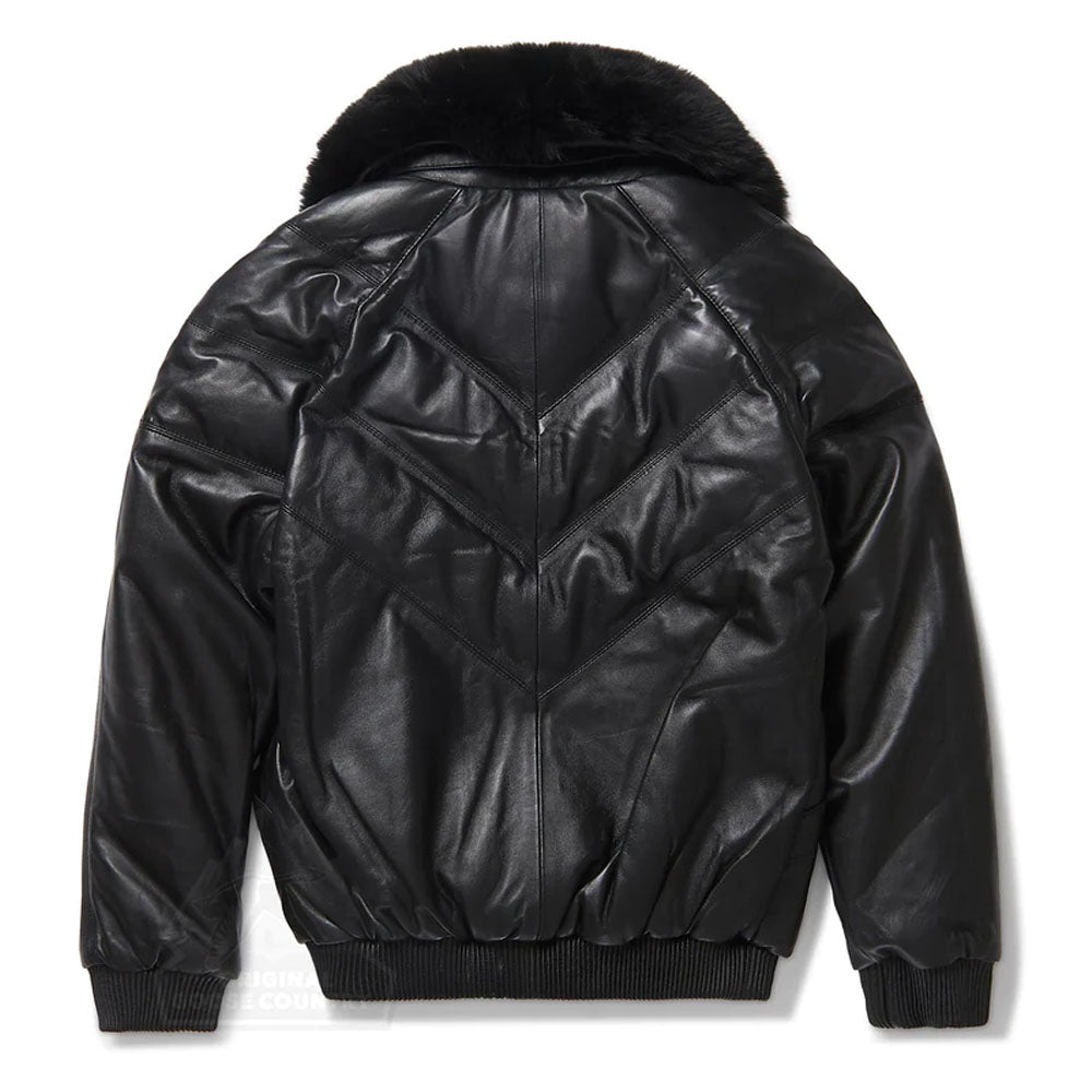 Black Removable Collar Sheepskin V-Bomber Leather Jacket