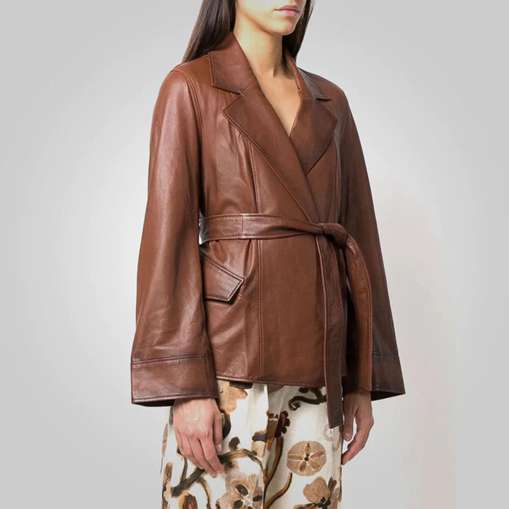 Women Brown Lambskin Belted Leather Jacket