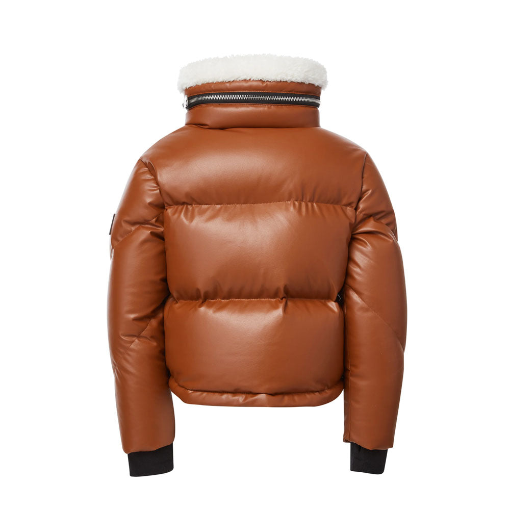 Women Puffer Fur Collar Bubble V-Bomber Leather Jacket