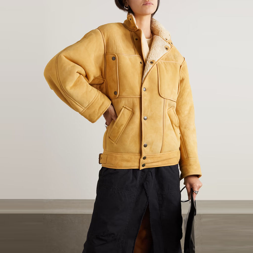 Women Brown Sheepskin Aviator Fur Collar Shearling Leather Jacket