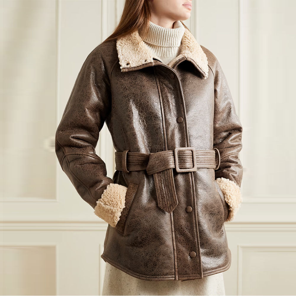 Women Brown Bonny Belted Aviator Sheepskin Fur Shearling Leather Jacket