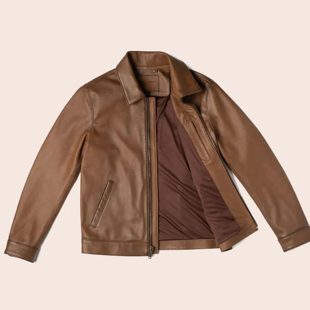 Brown Point Collar Sheepskin Leather Jacket