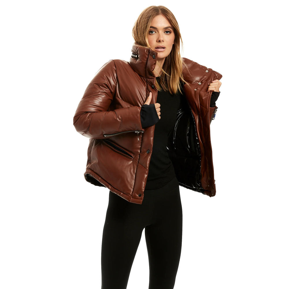 Women Dark Brown Bubble Leather V-Bomber Jacket
