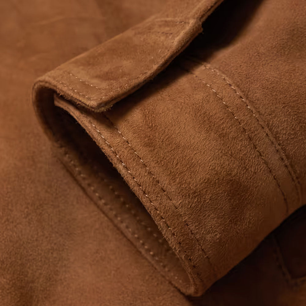 Men Brown Fur Collar Trucker Shearling Suede Leather Jacket