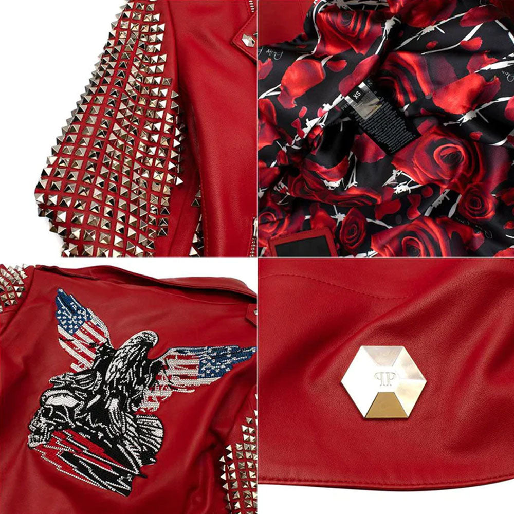 Women Red Motorcycle Studded Fashion Biker Leather Jacket