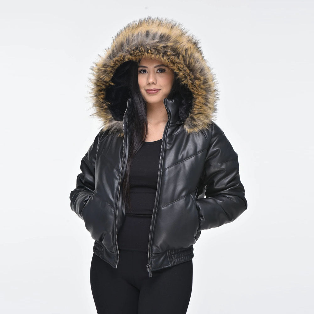 Women Black V-Bomber Fur Hood Leather Jacket