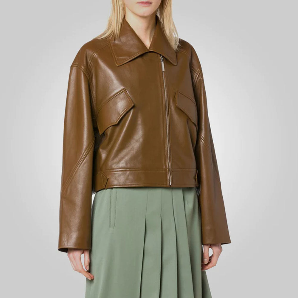 Women Pointed Brown Goatskin Plain Leather Jacket