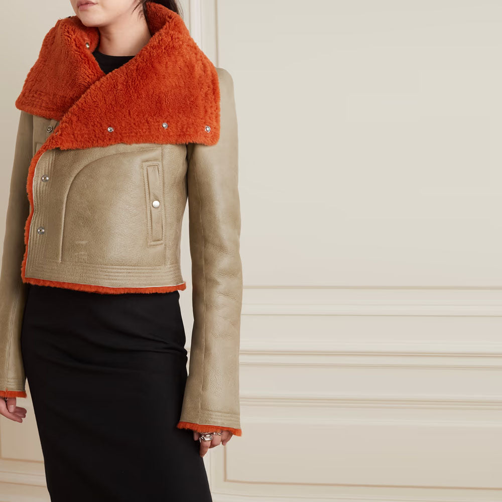 Women Orange Aviator Fur Collar Sheepskin Shearling Leather Jacket