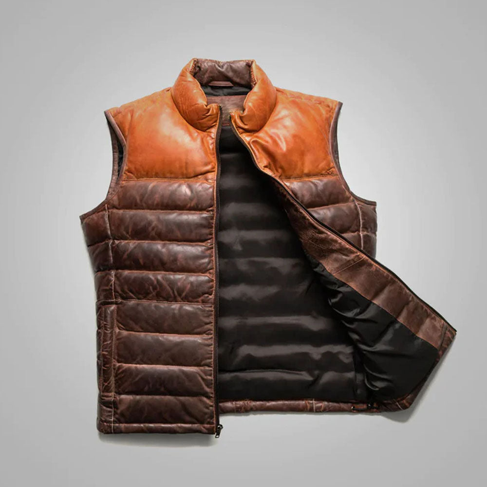 Brown Men Bubble Genuine Leather Sheepskin Vest