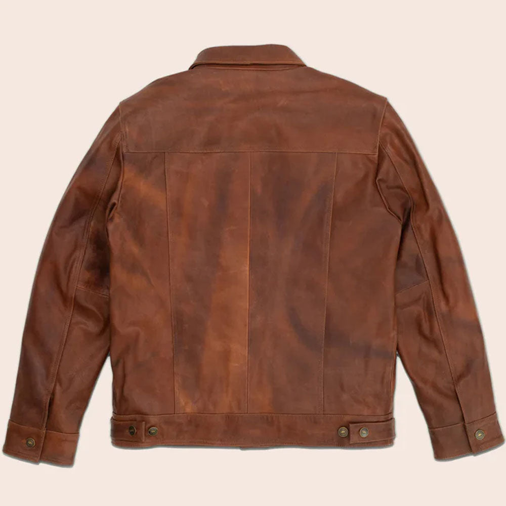 Brown Plain Trucker Goatskin Leather Jacket
