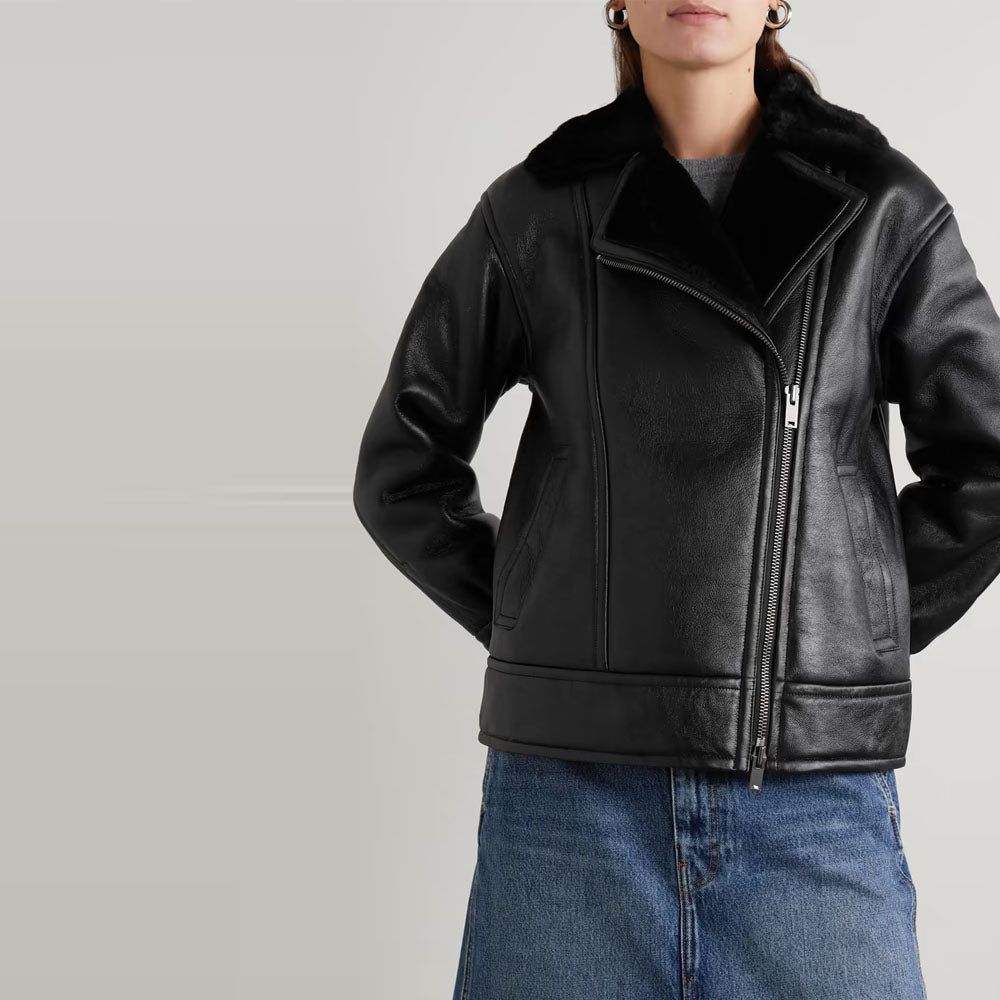 Women Black Sheepskin Fur Airforce Shearling Leather Jacket