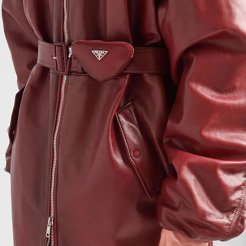 Red Bomber Goatskin Oversized Leather Long Jacket