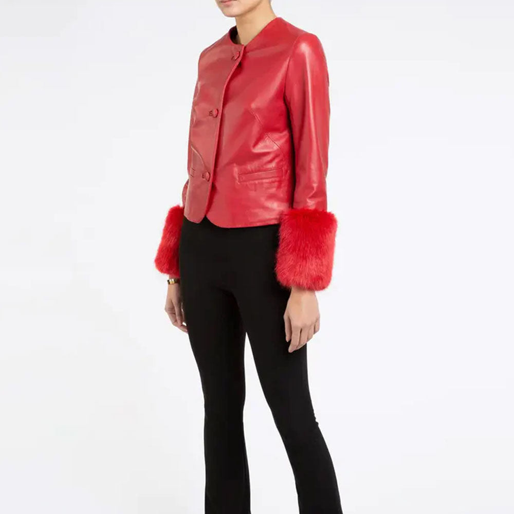 Red Sheepskin Women Faux Fur Leather Jacket