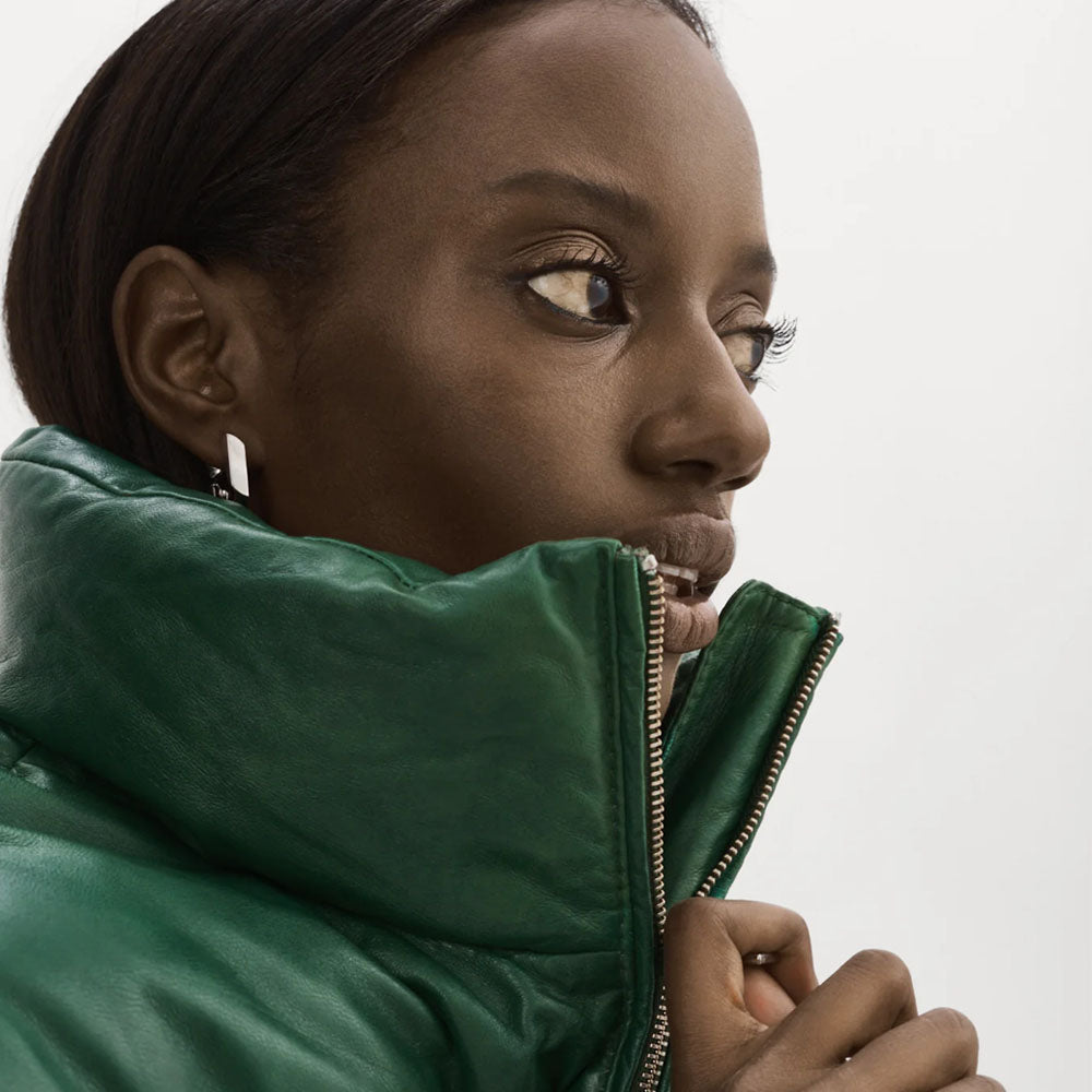 Women Green Bubble V-Bomber Lambskin Leather Jacket