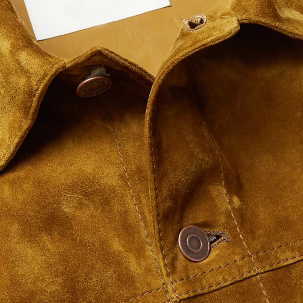 Men Brown Trucker Cowboy Faux Sheepskin Suede Leather Jacket