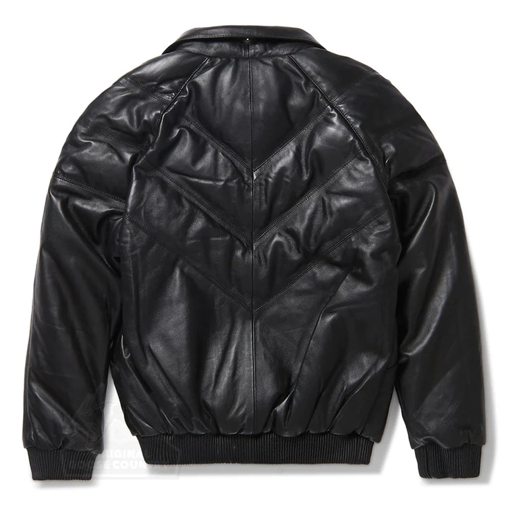 Men Black Removable Collar V-Bomber Leather Jacket