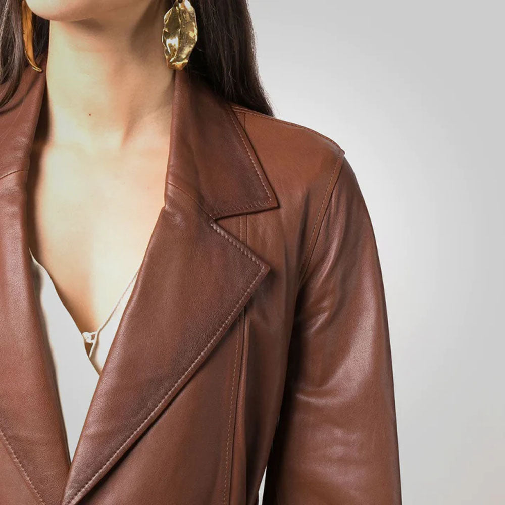 Brown Lambskin Belted Oversized Leather Jacket