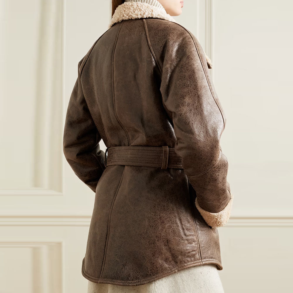 Women Brown Bonny Belted Aviator Sheepskin Collar Shearling Leather Jacket