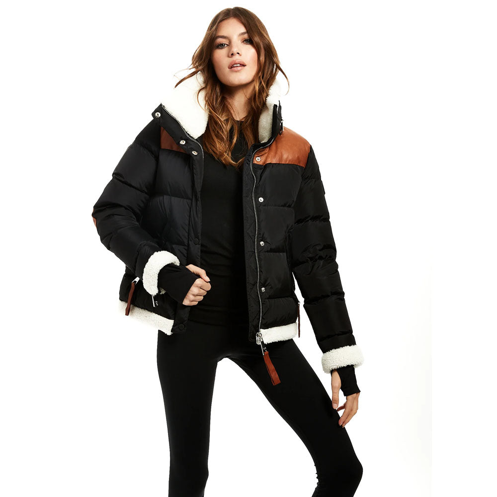 Women's Black Bubble Sheepskin Fur Collar Leather V-Bomber Jacket