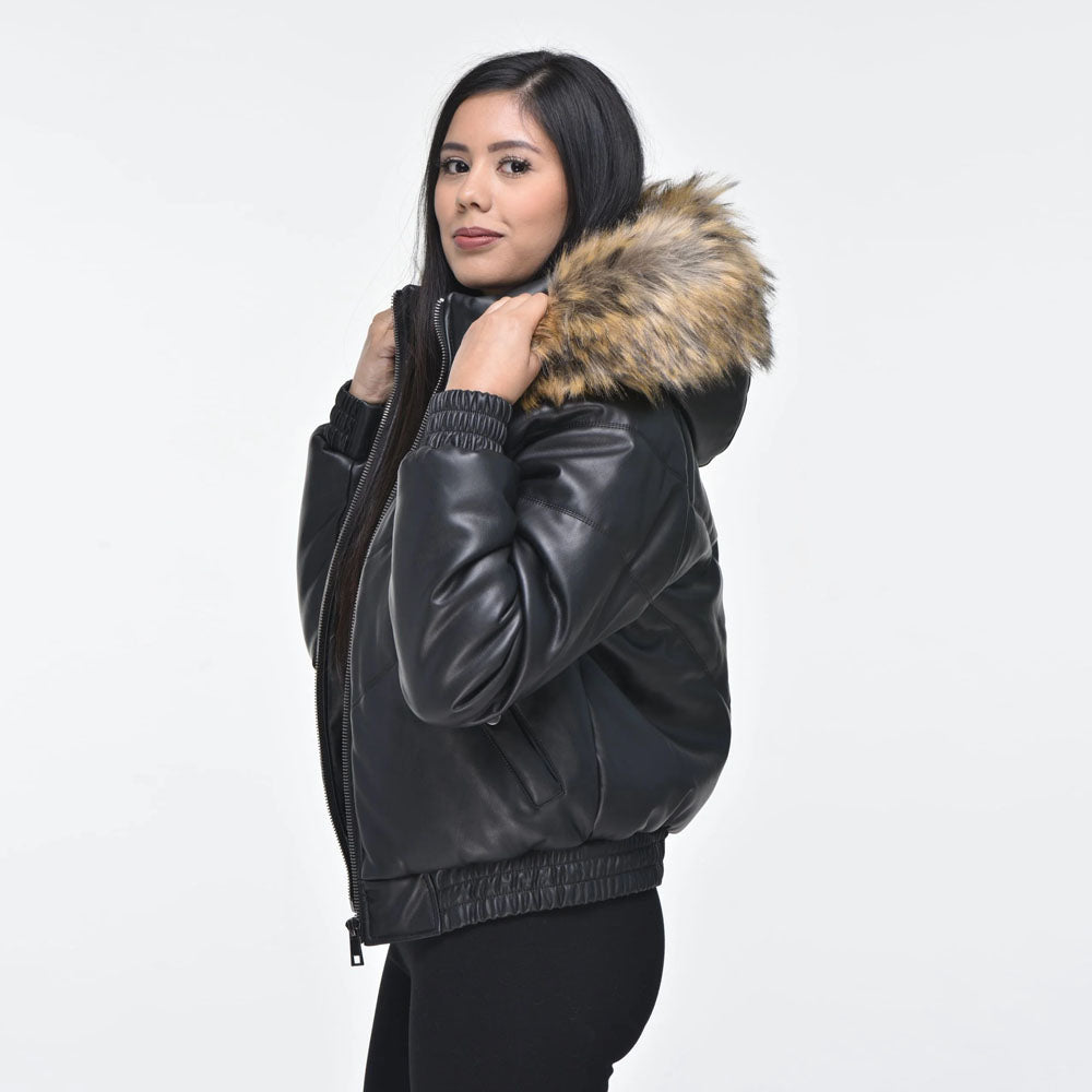 Black V-Bomber Faux Fur Hood Leather Jacket