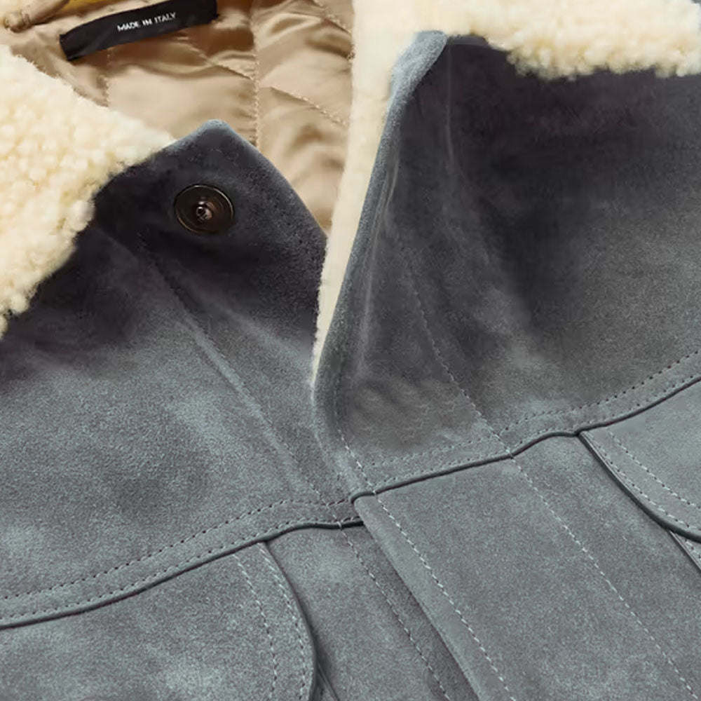 Men's Blue Bomber Trimmed Shearling Suede Leather Jacket