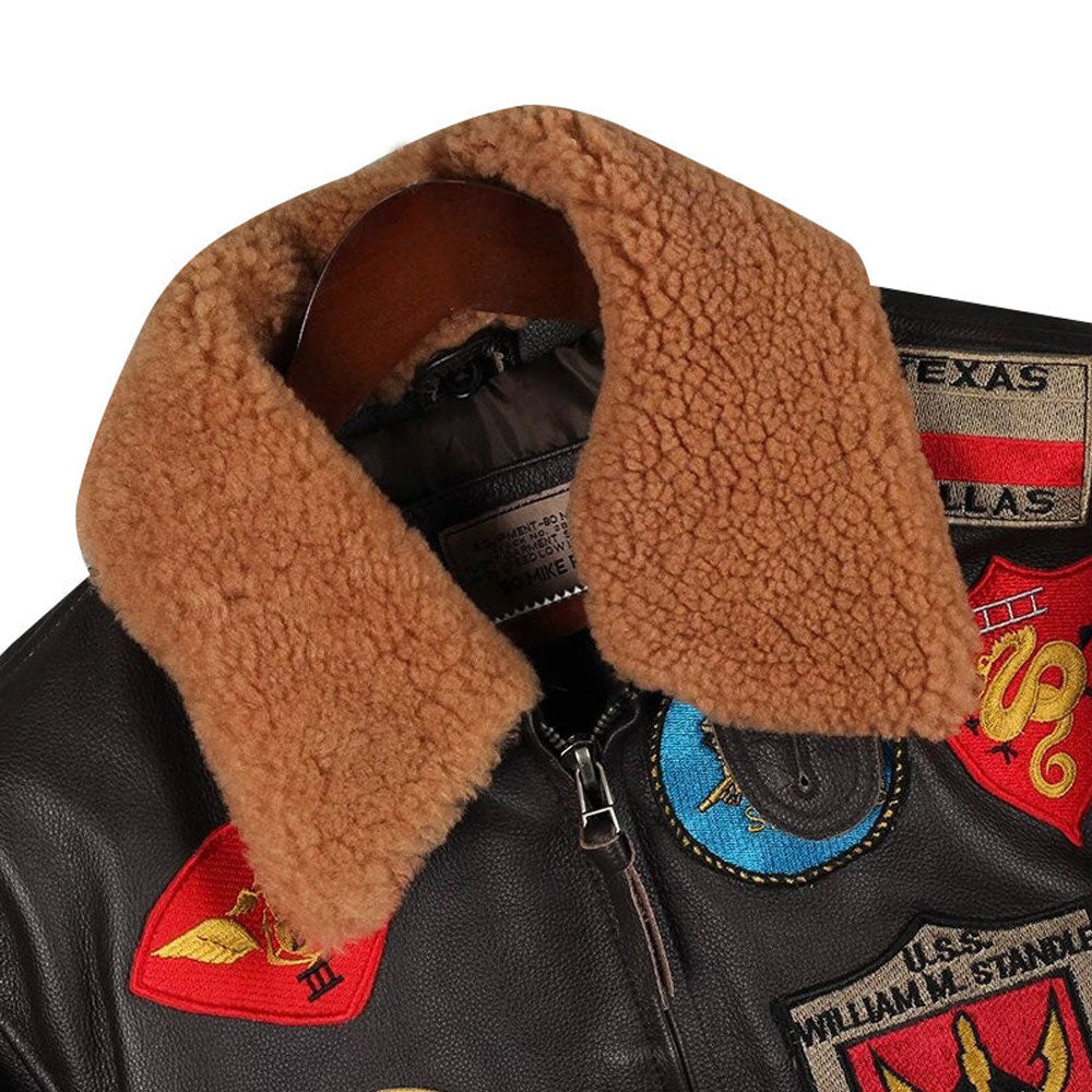 Men Airforce Pilot Fur Collar Sheepskin Brown Shearling Leather Jacket