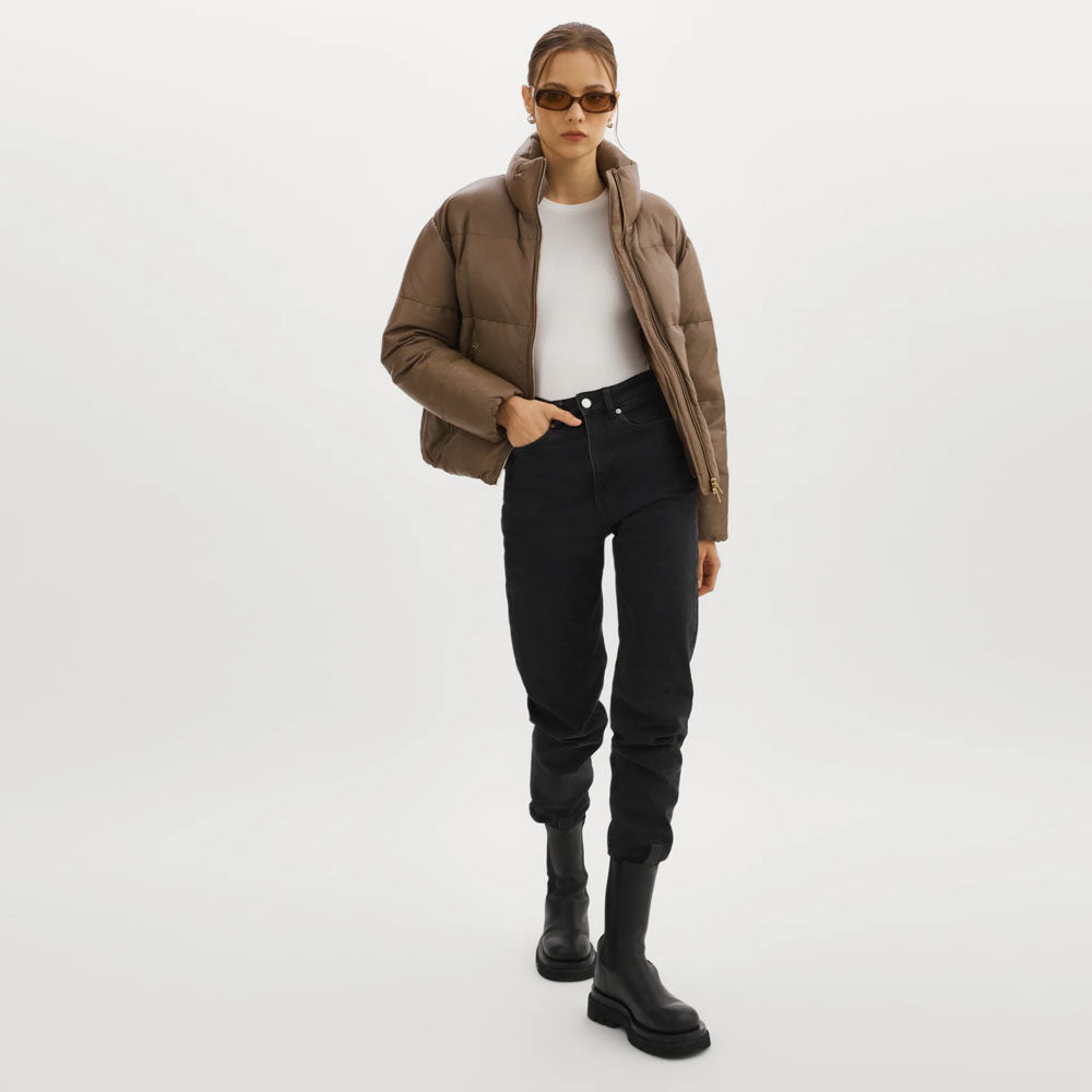 Brown Lambskin Puffer Bubble Leather V-Bomber Jacket