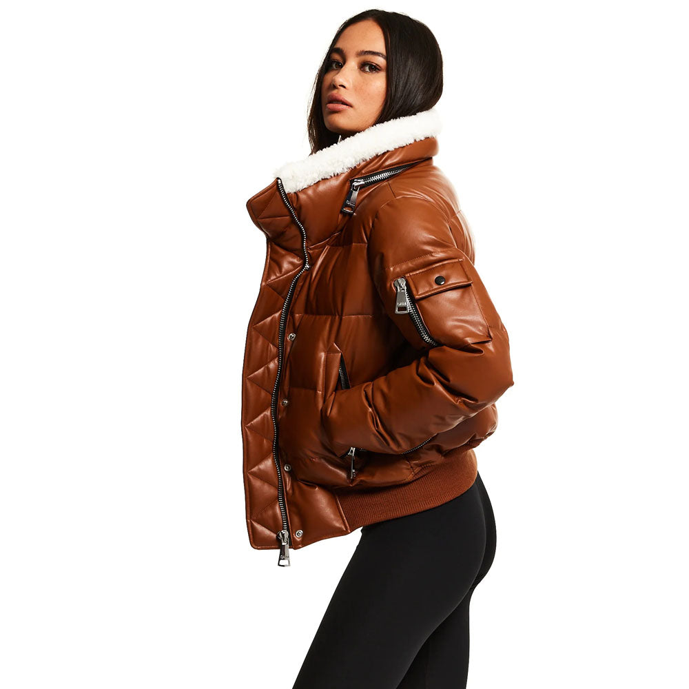 Women Brown Fur Collar Sheepskin Leather V-Bomber Jacket