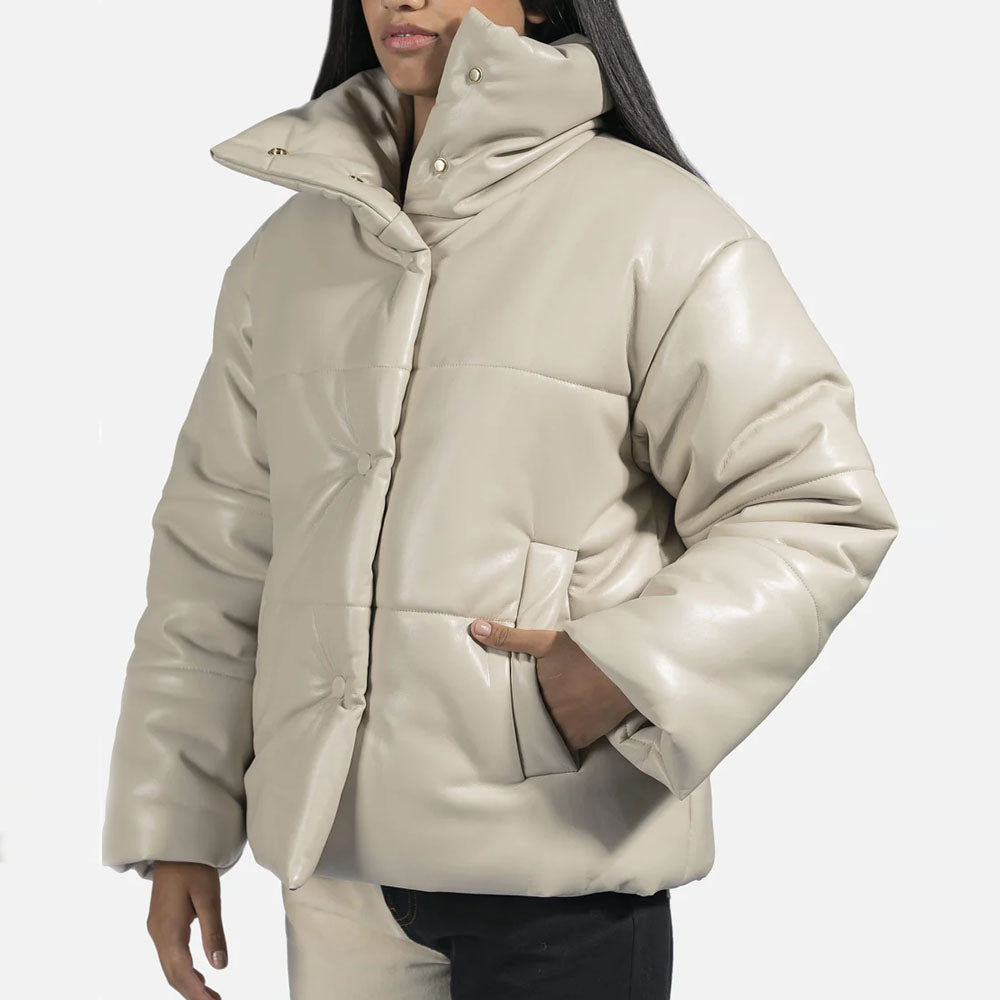 Women Cream Sheepskin Bubble Leather V-Bomber Leather Jacket