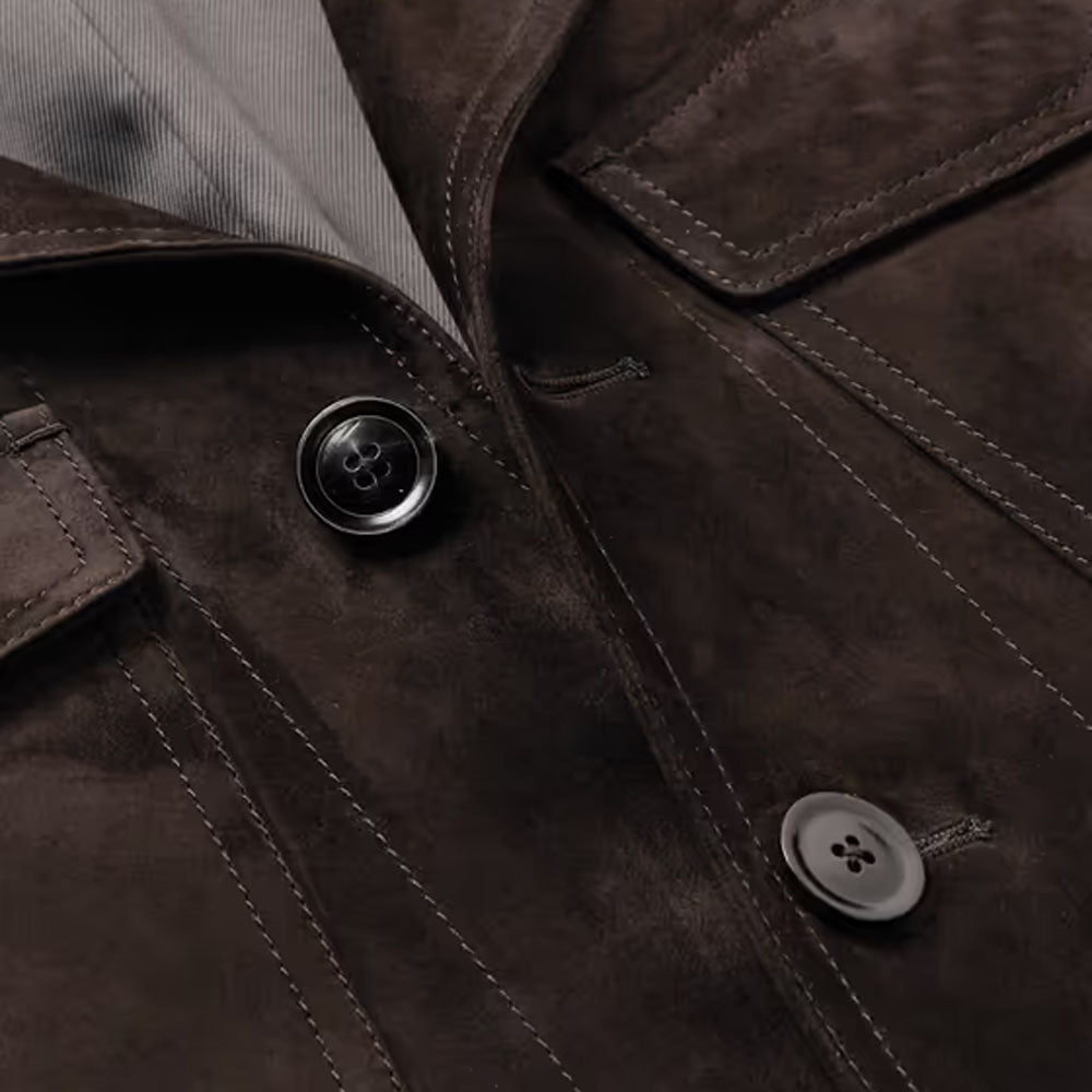 Dark Brown Sheepskin Trucker Suede Leather Jacket