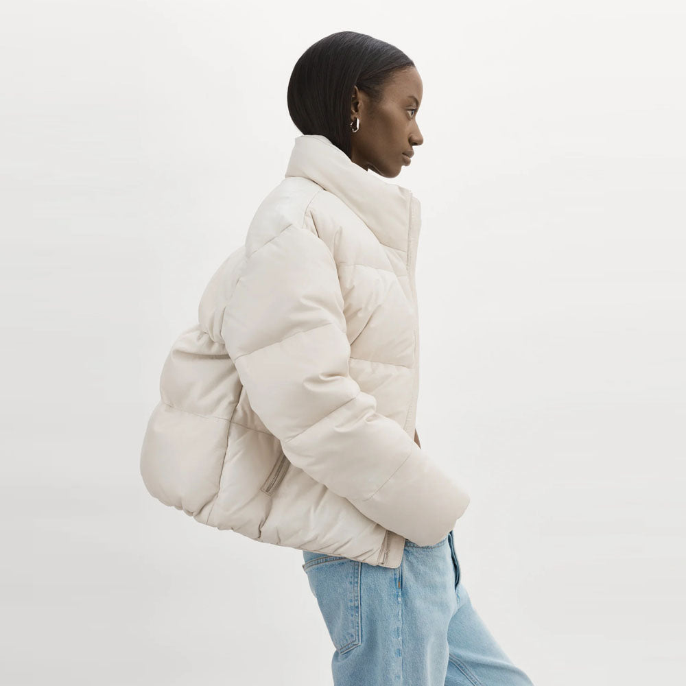 Women Bone White Bubble Sheepskin V-Bomber Puffer Leather Jacket